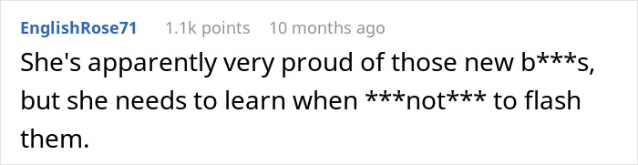 Comment about woman feeling betrayed after her mother goes topless in front of her boyfriend, expressing pride but poor timing. Comment about woman feeling betrayed after her mother goes topless in front of her boyfriend, expressing pride but poor timing.