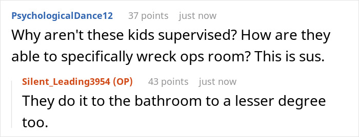 Screenshot of an online discussion about kids wrecking a teen&rsquo;s room and damaging his clothes without supervision.