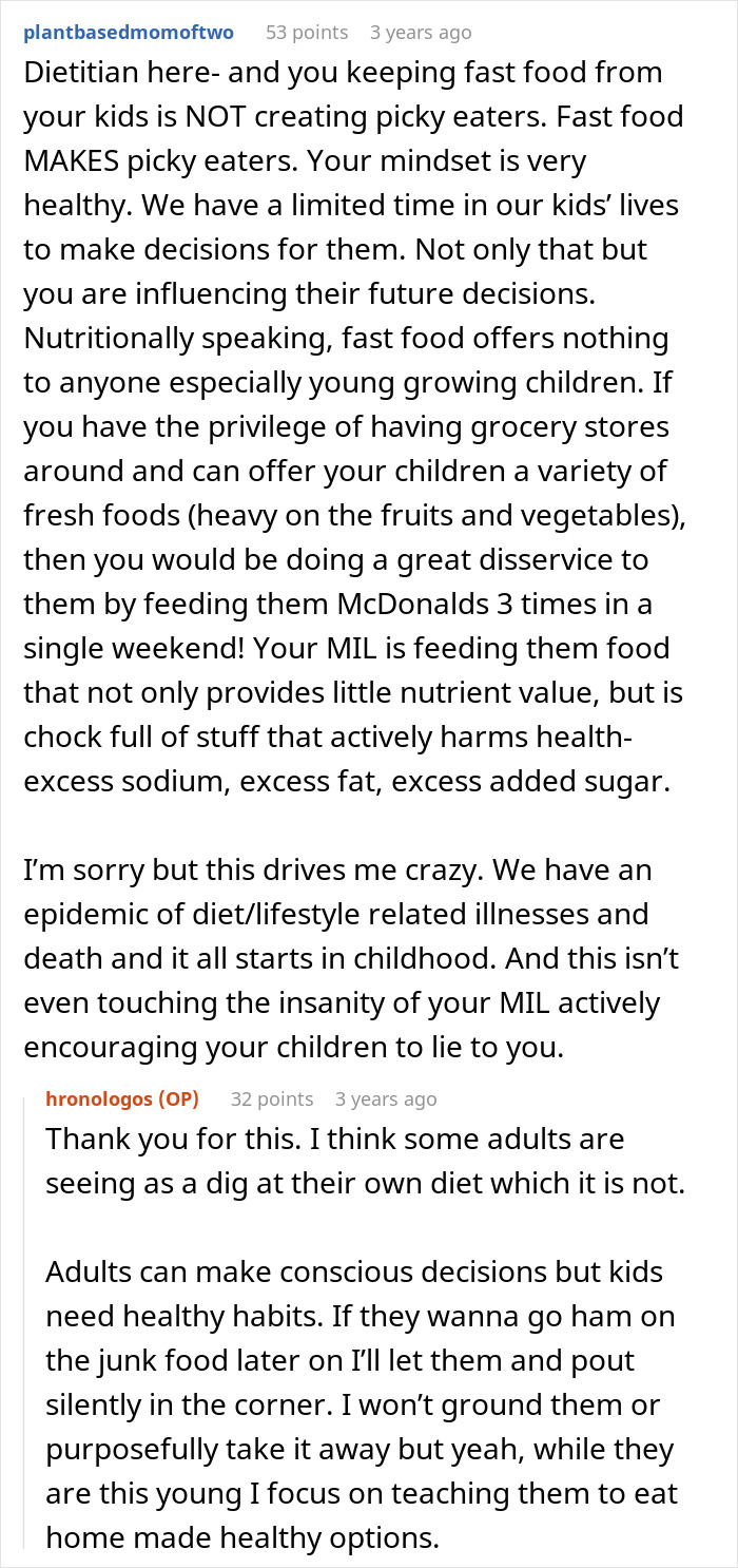 Online discussion about mom refusing to leave kids with MIL after she keeps feeding them fast food and health concerns.