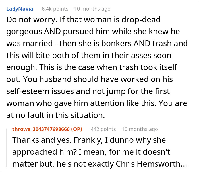 Reddit comments discussing a woman's husband leaving her after being hit on for the first time, exploring self-esteem issues.