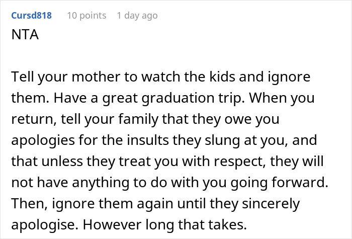 Graduate refuses to cancel trip for sister’s babysitting emergency, sparking family drama over graduation plans. Graduate refuses to cancel trip for sister’s babysitting emergency, sparking family drama over graduation plans.