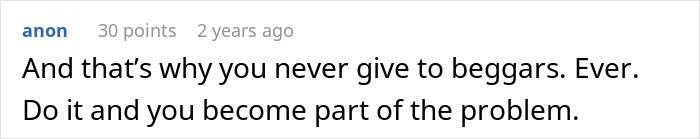 Screenshot of an online comment warning viewers about scams and the consequences of giving to beggars at the store. Screenshot of an online comment warning viewers about scams and the consequences of giving to beggars at the store.