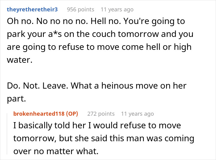 Reddit conversation about ex-fiance refusing to move from apartment on Valentine&rsquo;s Day, causing conflict.