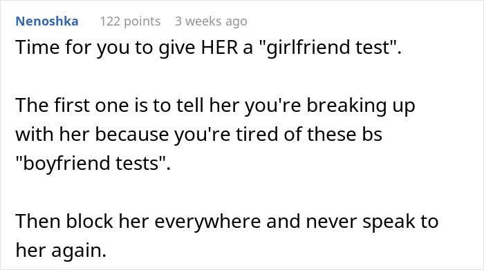 Comment suggesting a guy end relationship after girlfriend fakes pregnancy as a test of his love. Comment suggesting a guy end relationship after girlfriend fakes pregnancy as a test of his love.