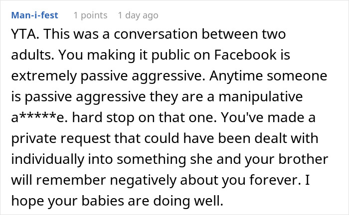 Screenshot of a Reddit comment discussing the consequences of posting SIL's texts online and making her look bad.
