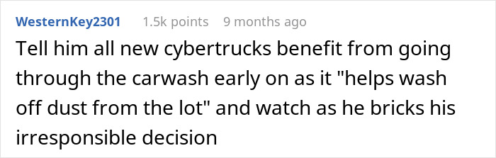 Comment discussing a boss making workers admire his new truck while their pay is late.