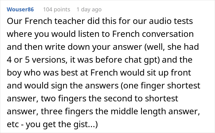 Screenshot of a user comment describing a teacher using multiple quiz versions to catch cheaters in class.