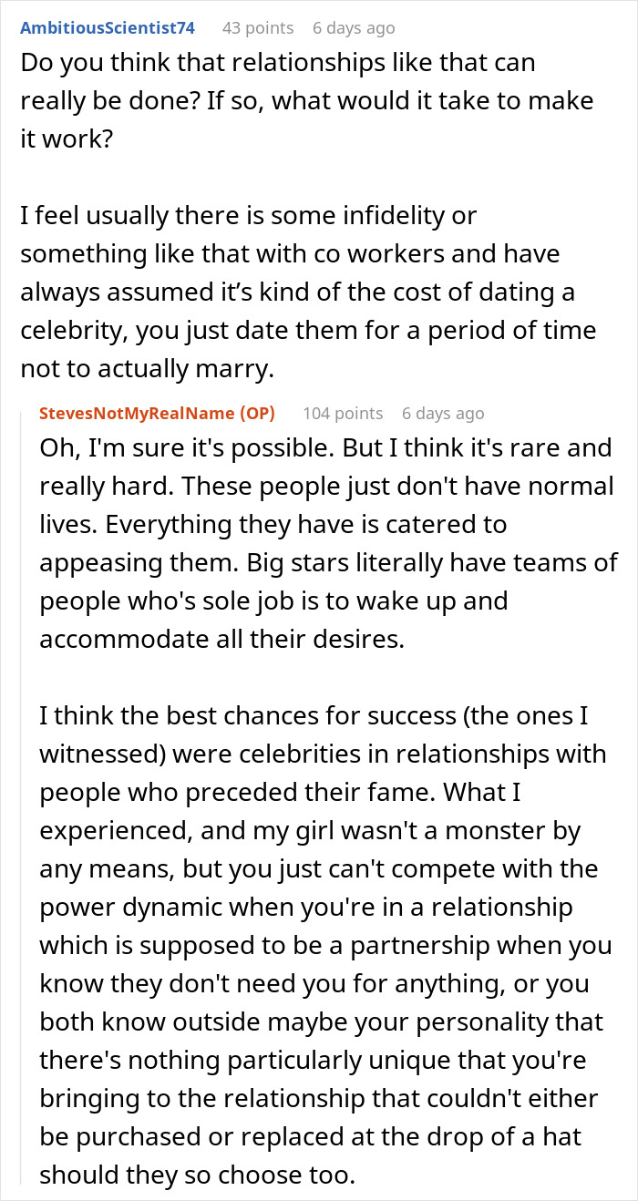 Man shares insights on dating a famous actress, revealing challenges of power dynamics and celebrity relationships.