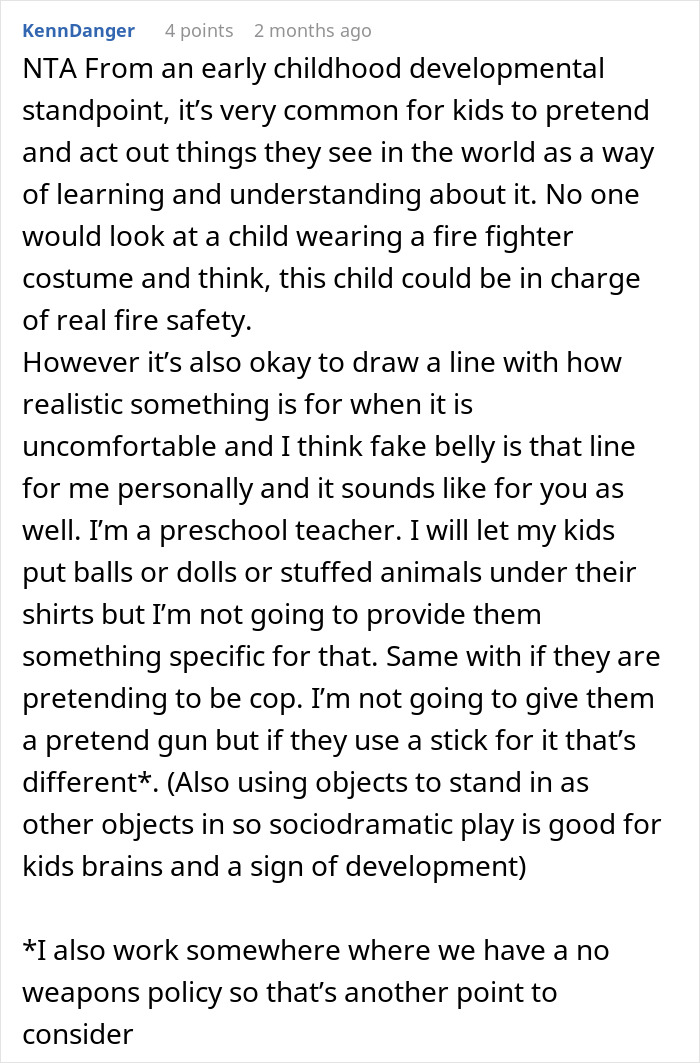 Screenshot of a forum comment discussing childhood play and discomfort with fake belly in pregnancy-obsessed 6-year-old gifts.