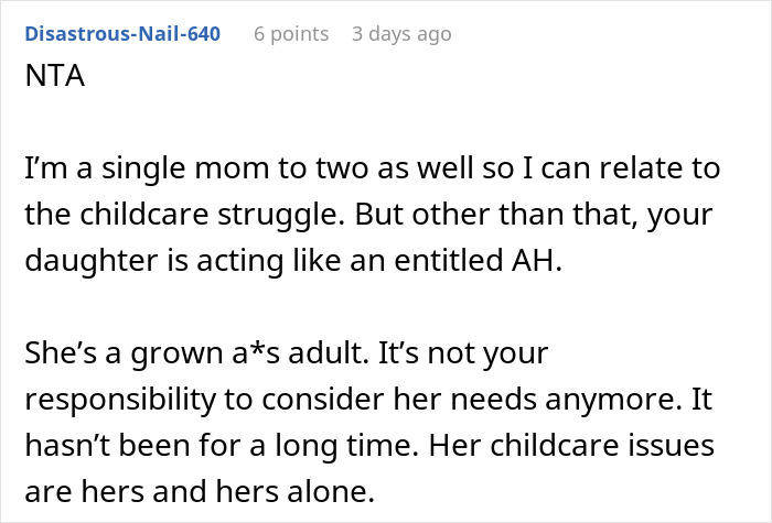 Single mom shares frustration over mom booking vacation and refusing to babysit her two kids, highlighting childcare struggle.