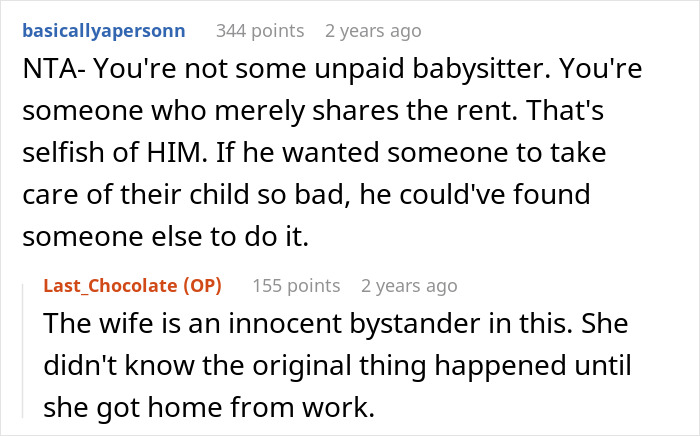 User comments discussing refusal to babysit roommate's kid after a night shift, focusing on selfishness and responsibilities.