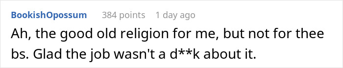 Comment text on a social platform discussing religion and workplace HR rules with informal language and slang. Comment text on a social platform discussing religion and workplace HR rules with informal language and slang.