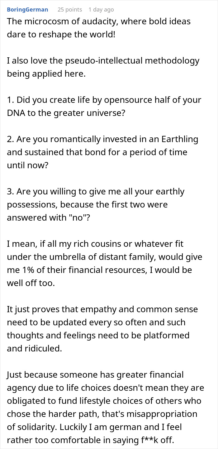 Screenshot of a Reddit post discussing distant cousin demanding wedding funding because the user is single with no kids.