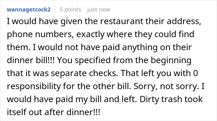 Comment discussing a millionaire deciding to run out before paying the bill and being seen as stuck up and entitled.