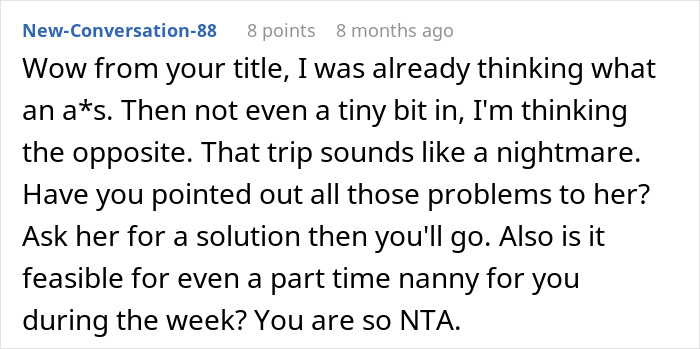Comment discussing a dad wondering if he&rsquo;s a jerk for not wanting to join wife&rsquo;s work trip with the kids.