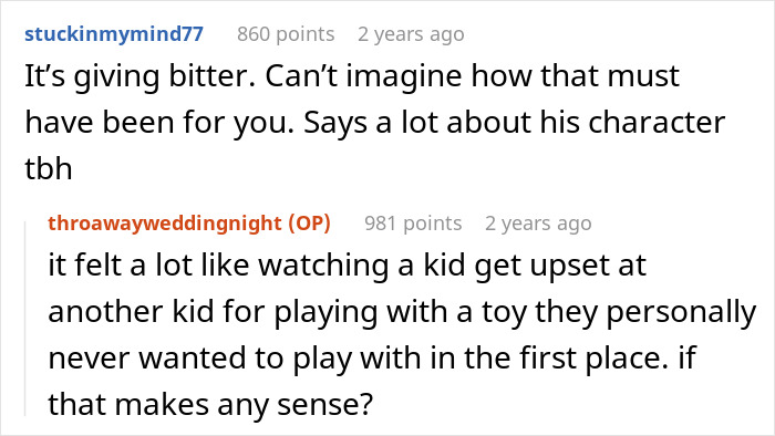 Reddit conversation about a husband feeling jealous over a girl he led on, shared in a wedding-related discussion.