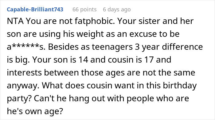Screenshot of a Reddit comment defending a lady not inviting nephew to son's birthday, addressing fatphobic accusations.