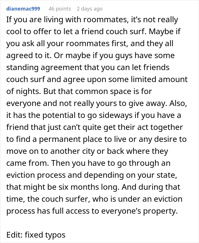 User discussing challenges and advice on asking roommates to leave when friends couch surf without agreement.
