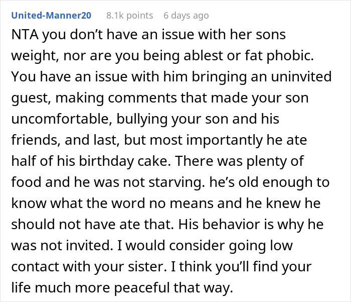 Alt text: Comment explaining nephew's exclusion from son's birthday due to past behavior, addressing fatphobic accusations.