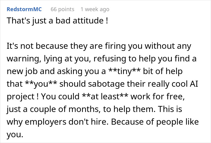 User comment criticizing a worker&rsquo;s attitude about starting a new project despite being fired and refusing to help employer.