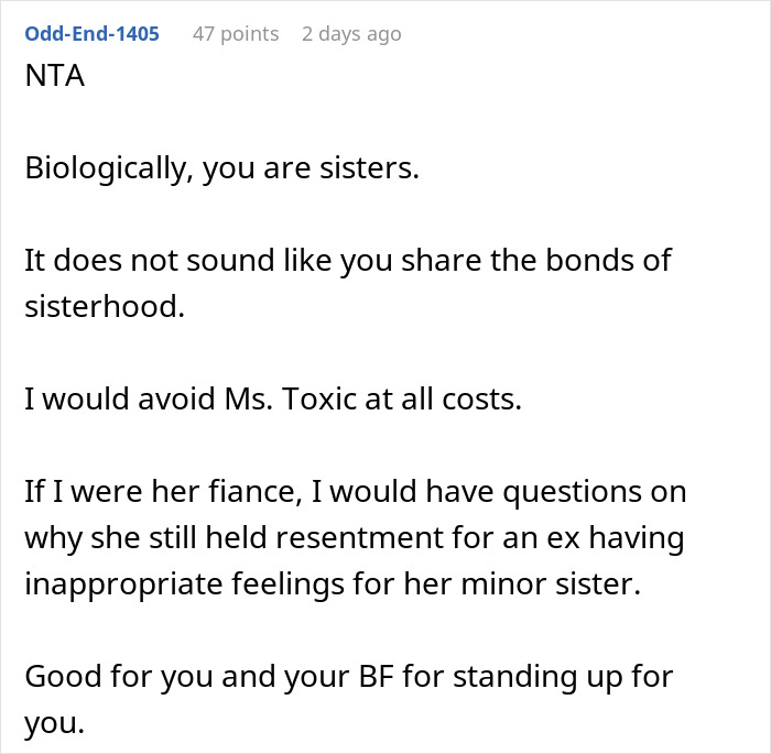Comment excerpt discussing sisters’ engagement drama and accusations of stealing an ex-fiancé in family conflict. Comment excerpt discussing sisters’ engagement drama and accusations of stealing an ex-fiancé in family conflict.