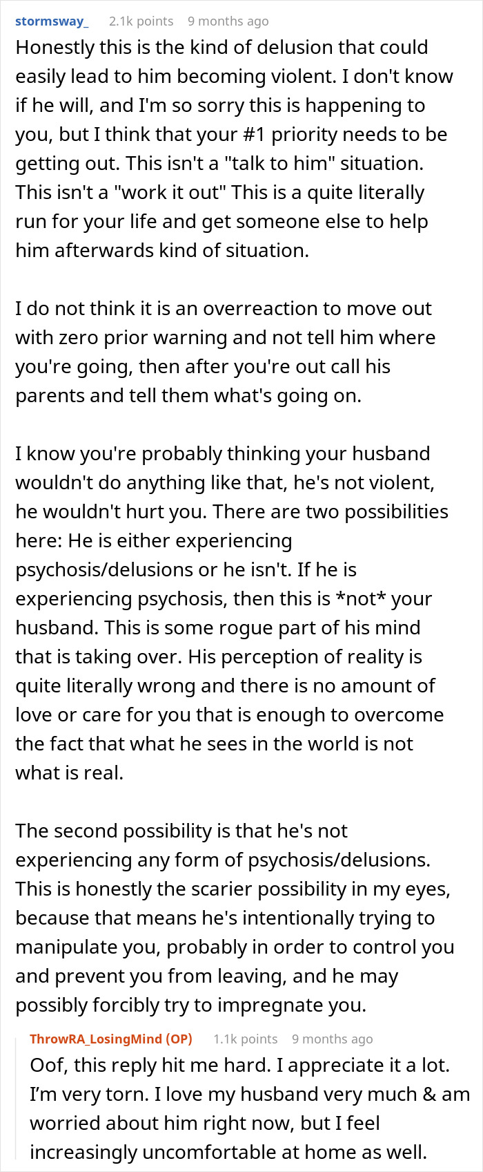 Comment discussing dangerous delusions and manipulation related to husband&rsquo;s pregnancy assumptions and cancer diagnosis fears.