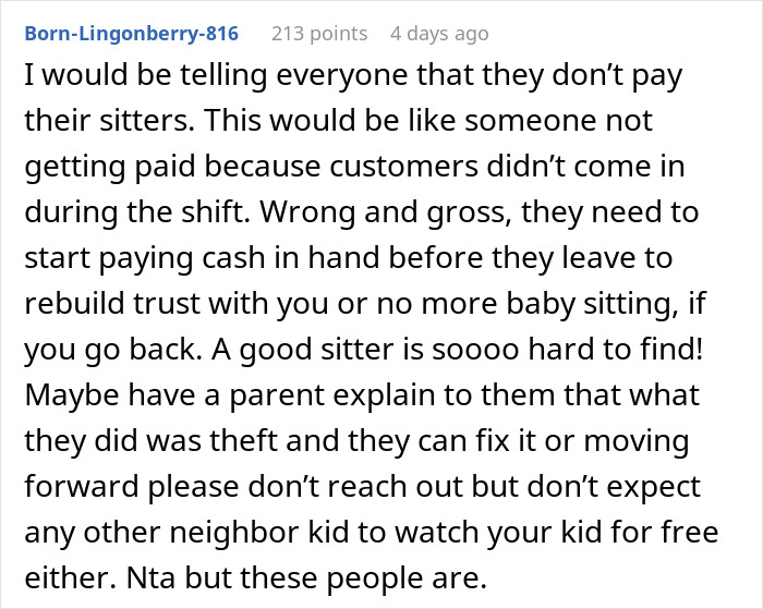 Comment discussing frustration over families not paying babysitters fully when the baby falls asleep during their shift.