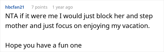 Screenshot of a forum comment discussing a woman refusing to babysit step sister&rsquo;s kids causing family drama.