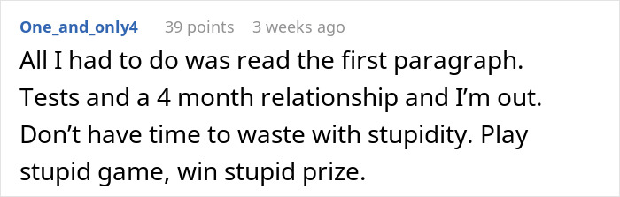 Screenshot of a forum comment discussing a guy ending relationship after girlfriend fakes pregnancy as a test of his love. Screenshot of a forum comment discussing a guy ending relationship after girlfriend fakes pregnancy as a test of his love.