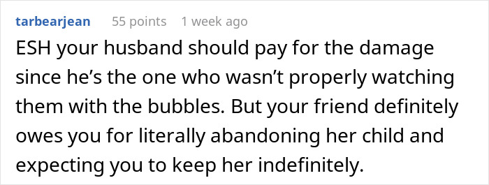 Comment suggesting the husband should pay for furniture damage and friend owes for abandoning her child, related to WBTA charging friend.