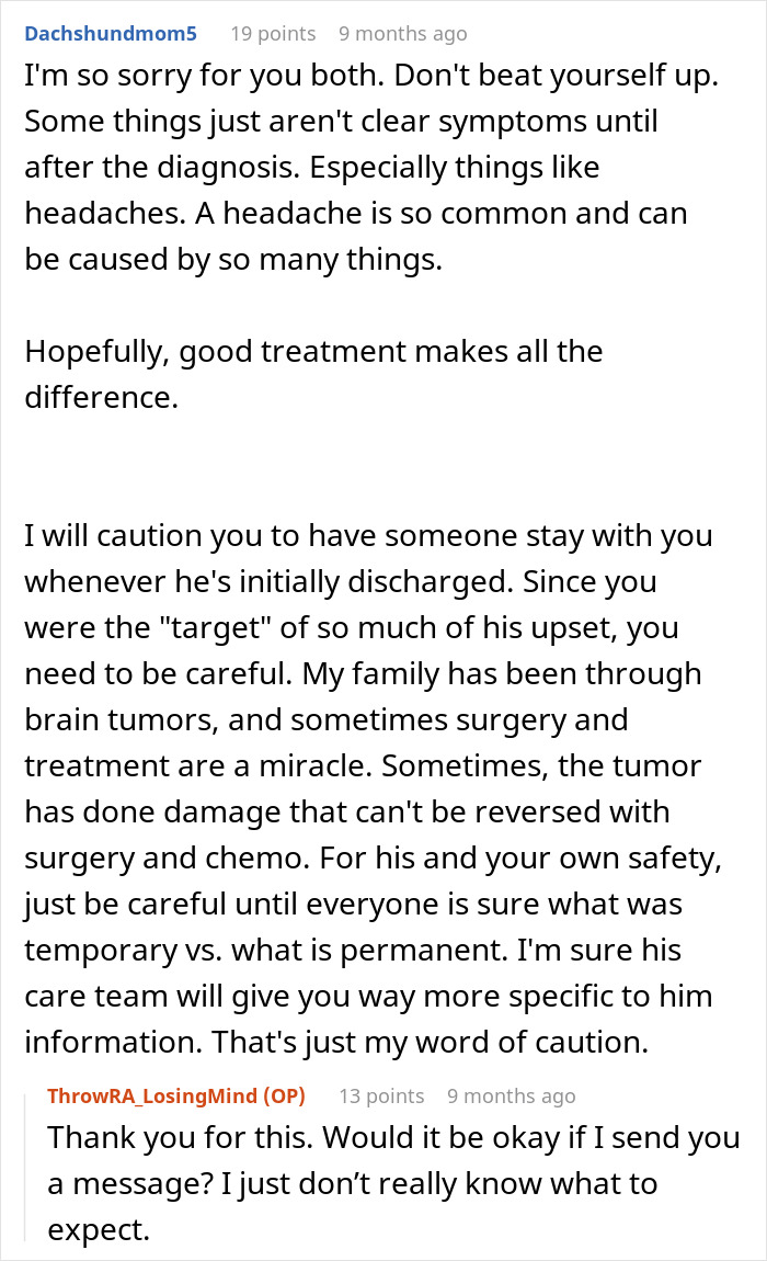 Comment discussing symptoms, brain tumors, and treatment advice related to husband&rsquo;s cancer diagnosis and pregnancy assumptions.