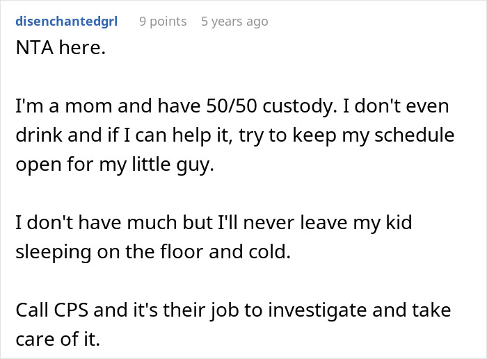 Reddit comment discussing a parent’s concern about a kid being left sleeping cold on the floor by a roommate’s guest. Reddit comment discussing a parent’s concern about a kid being left sleeping cold on the floor by a roommate’s guest.