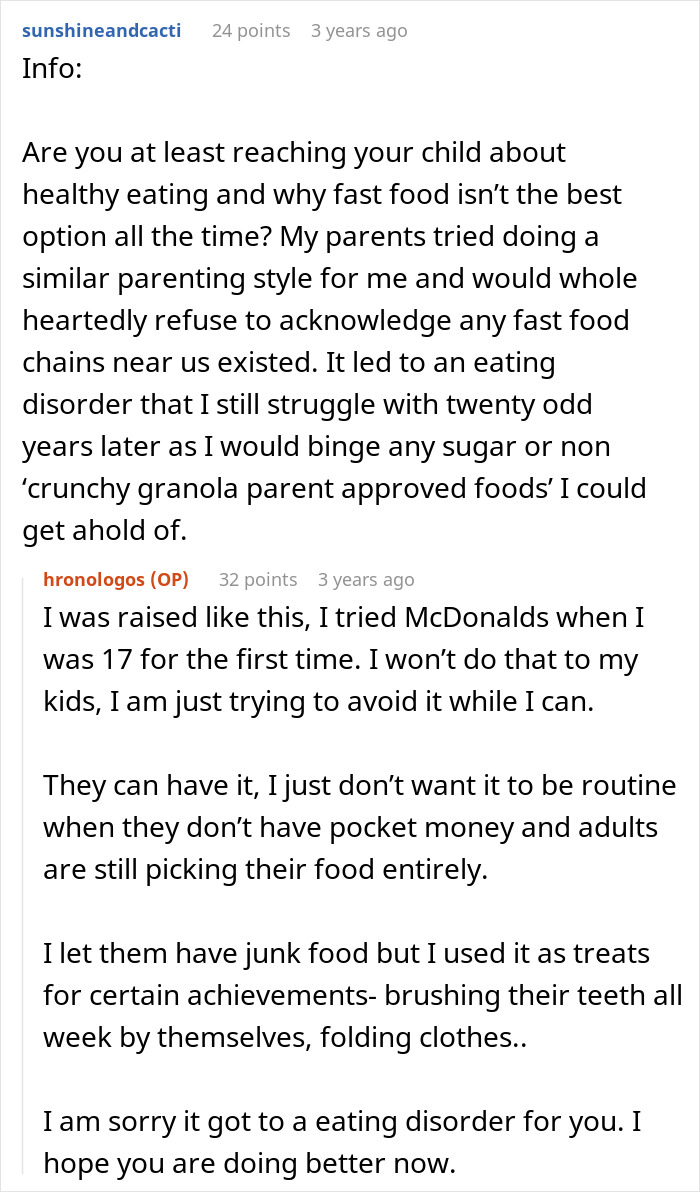Reddit discussion about mom refusing to leave kids with MIL who keeps feeding them fast food regularly.
