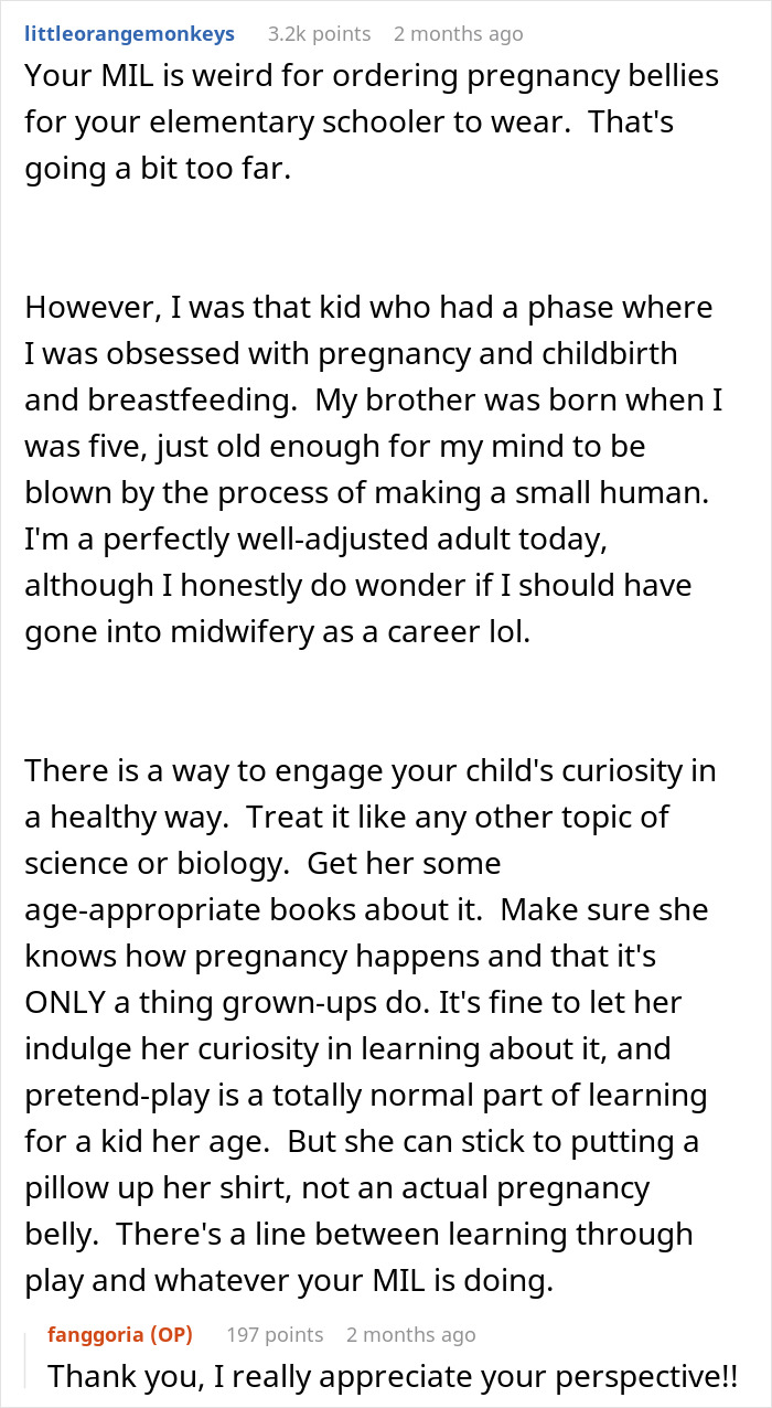 Comment discussing a mom furious over MIL's weird gift to her pregnancy-obsessed 6-year-old and appropriate ways to handle curiosity.