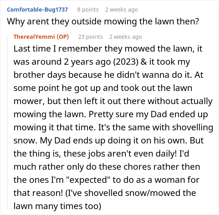 Woman boycotts doing chores at sexist parents' house until her brothers help clean and share household duties. Woman boycotts doing chores at sexist parents' house until her brothers help clean and share household duties.