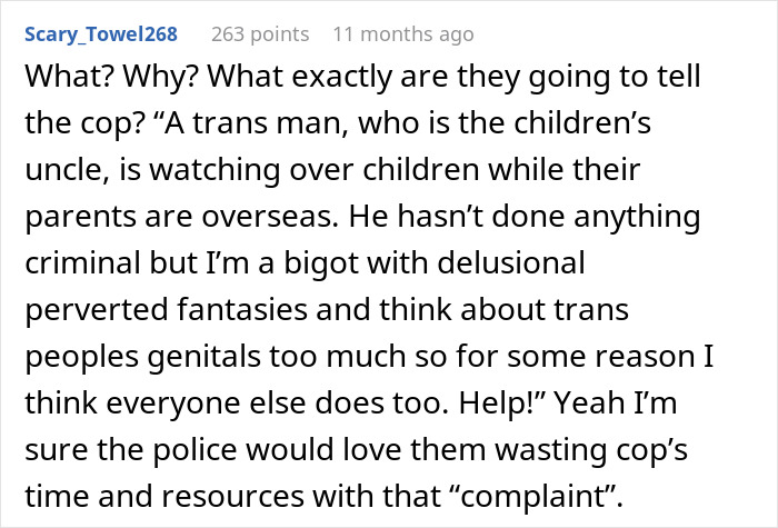 Comment discussing a trans man babysitting kids and others threatening to call police over his gender identity.