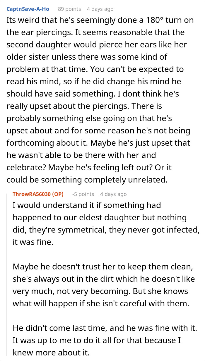 Reddit conversation discussing a dad upset after discovering wife took daughter to get her ears pierced. Reddit conversation discussing a dad upset after discovering wife took daughter to get her ears pierced.
