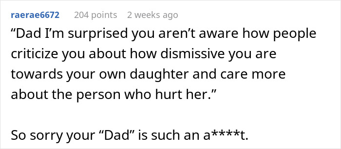 Reddit comment criticizing a father for being dismissive about a cousin betrayed by having an affair with her ex.