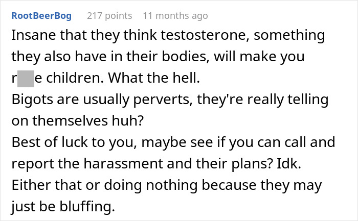 Reddit comment discussing testosterone myths and harassment threats toward a trans man agreeing to babysit sister&rsquo;s kids.