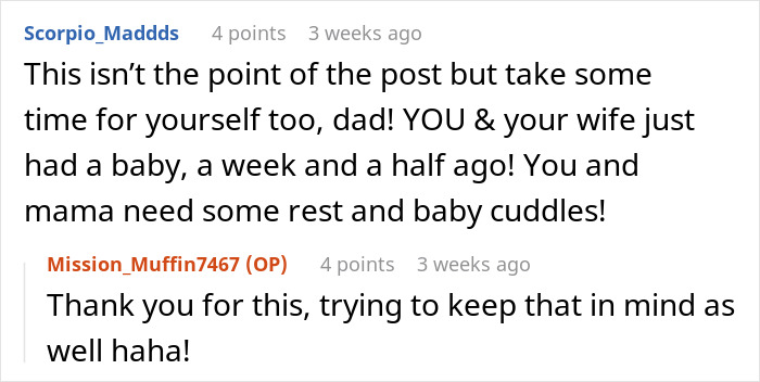 Alt text: Online discussion about a new mom needing rest and baby cuddles after a baby, with advice for the dad. Alt text: Online discussion about a new mom needing rest and baby cuddles after a baby, with advice for the dad.