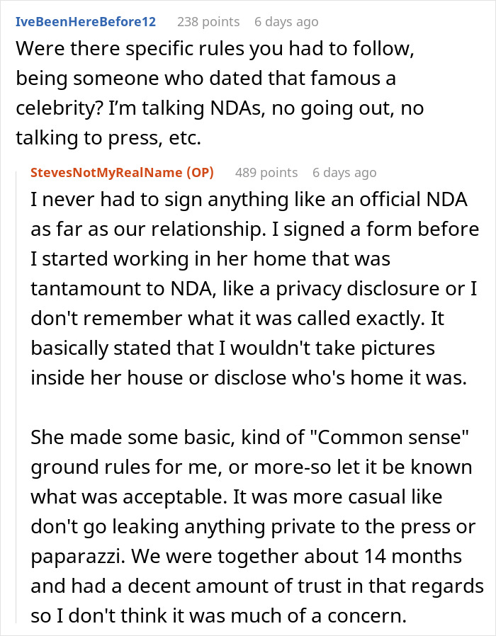 Reddit user shares insights on dating a famous actress, discussing NDAs, privacy rules, and handling media and paparazzi trust.