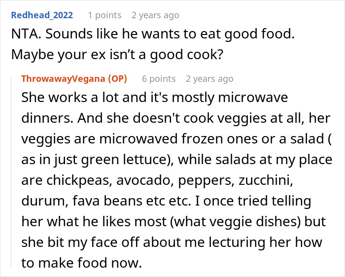 Reddit user discusses son choosing dad&rsquo;s rabbit food and loving veggies while mom serves microwaved frozen veggies and salad.