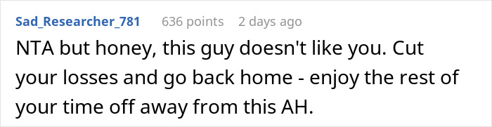 Screenshot of an online forum comment discussing refusing to babysit a boyfriend's niece during vacation. Screenshot of an online forum comment discussing refusing to babysit a boyfriend's niece during vacation.