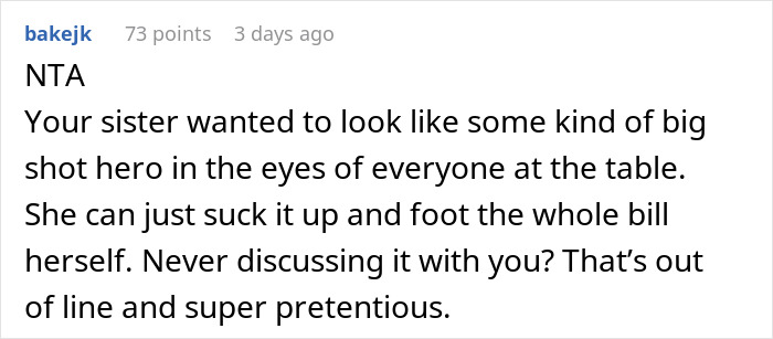 Comment discussing a person refusing to pay after finding out they are treating the table, calling the act pretentious.