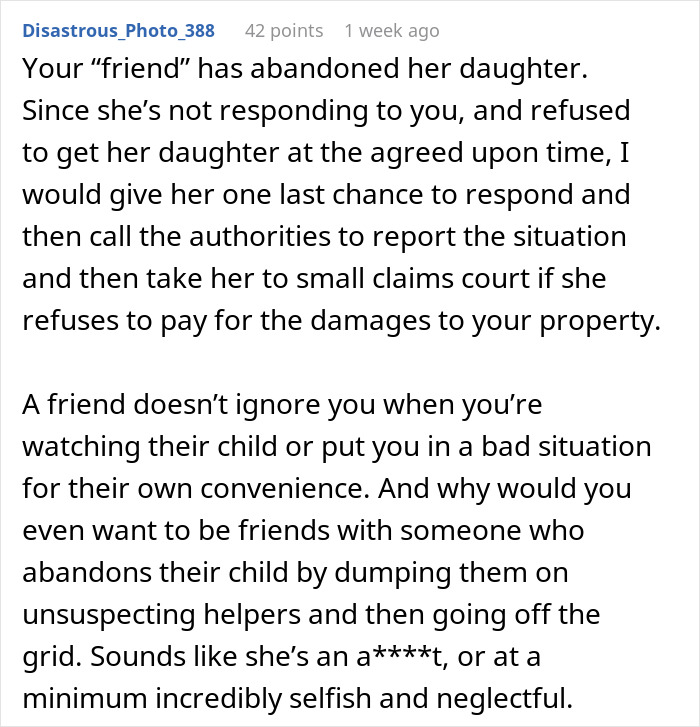 Comment advising to charge friend for damages after her daughter ruins furniture and ignoring responsibility.