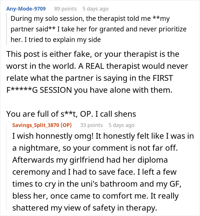 Couple in therapy session struggling with relationship issues, feeling betrayed and attacked by their own therapist.