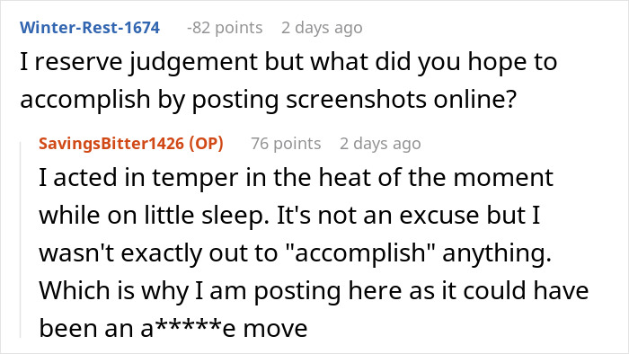 Reddit conversation about posting screenshots of SIL's texts online and concerns about making her look bad.