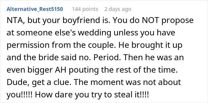 Reddit comment discussing stopping a boyfriend&rsquo;s proposal at their best friend&rsquo;s wedding and relationship boundaries.