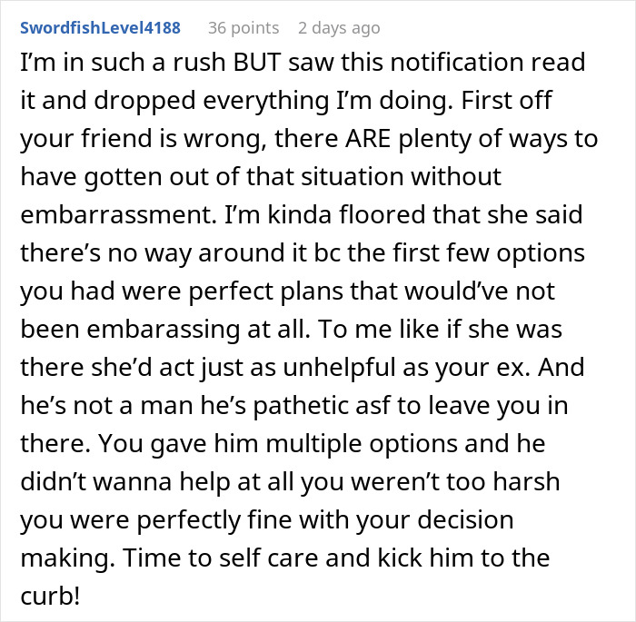 Screenshot of Reddit comment discussing dumping boyfriend who refused to give period pad and tissues, highlighting self care advice. Screenshot of Reddit comment discussing dumping boyfriend who refused to give period pad and tissues, highlighting self care advice.