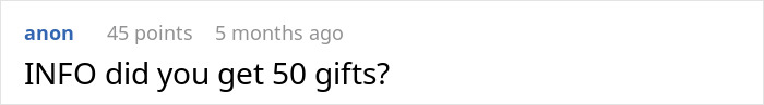 Online comment asking if someone received 50 gifts during a surprise bash for an anxious birthday girl.